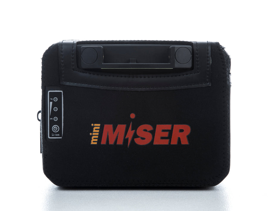 A Minimiser lithium ion battery for a QOD electric golf caddy with a red and yellow 'mini MISER' logo on the front, set against a clean white background.